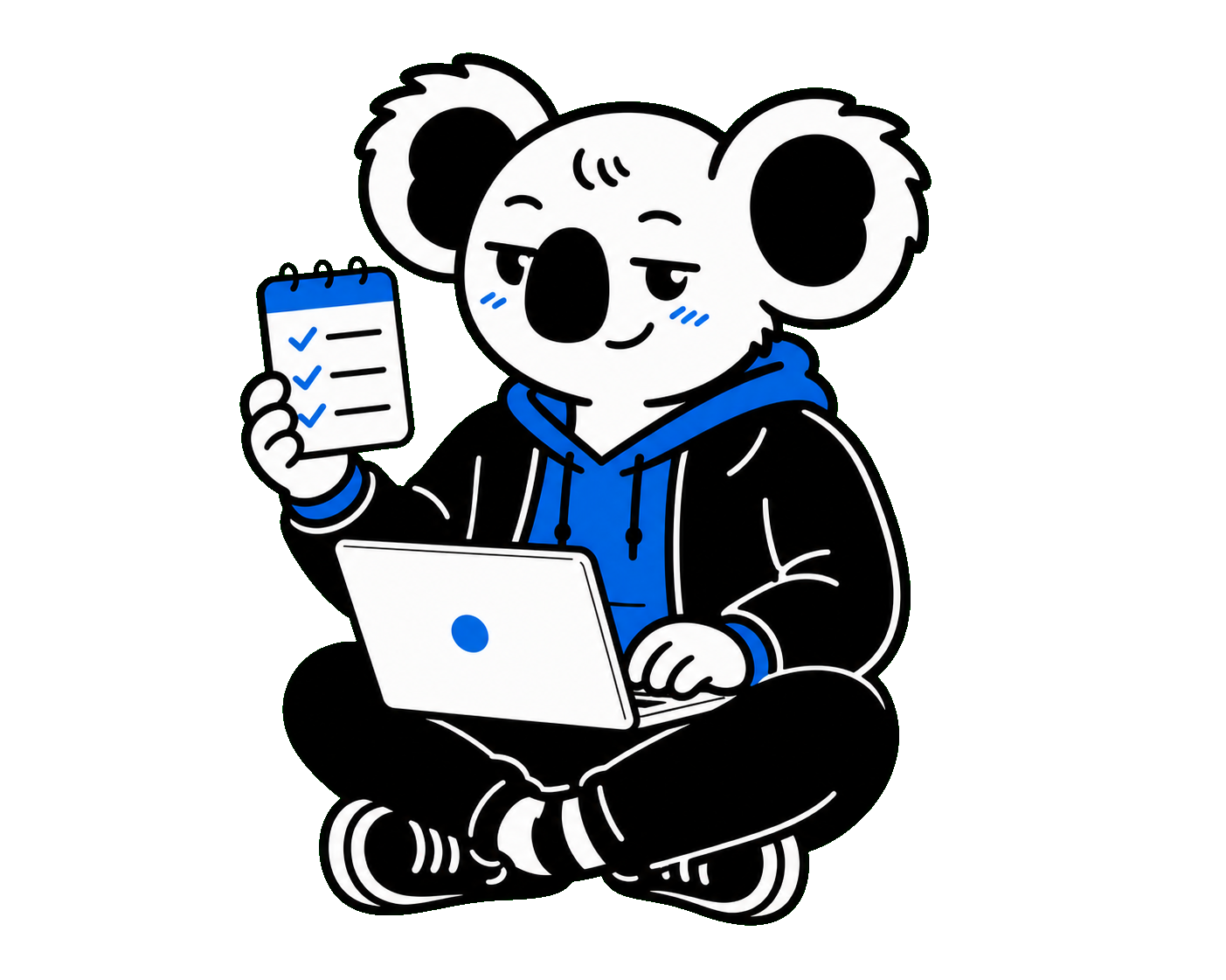 Koala estudando com laptop e lista de tarefas